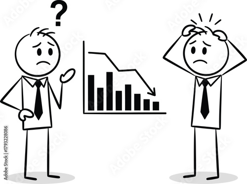 Two confused businessmen react with distress to a sharply declining bar graph indicating financial loss and business failure