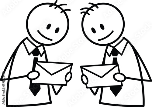 Two simple cartoon stick figures in business attire exchanging envelopes with smiles on a white background