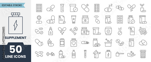 Supplement line icons set with editable stroke. Containing capsule, vitamin, herbal, nutrition, antioxidant, protein, minerals, multivitamin and more. Vector illustration