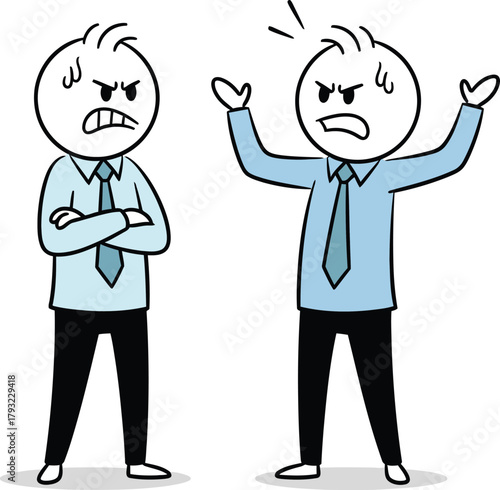 Two cartoon stick figures in business attire arguing and expressing anger with frustrated expressions and gestures on a white background