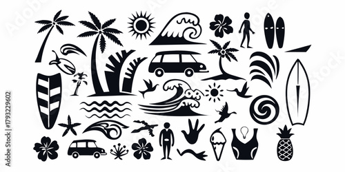 Collection of black silhouettes representing summer beach vacation activities and tropical elements
