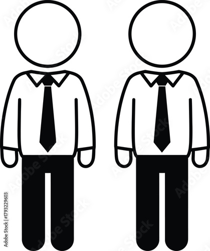 Two identical stick figure men wearing white shirts and black ties standing side by side against a white background