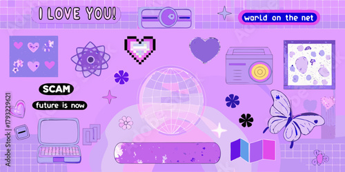 Retro digital collage featuring hearts a globe and technology elements with a pastel purple aesthetic