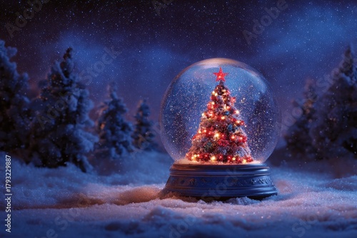 Illuminated holiday decoration rests upon a snowy landscape under a starry night sky