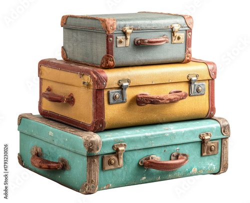 Three vintage suitcases stacked, displaying faded pastel colors and worn leather handles