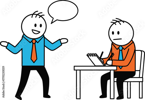 Two cartoon stick figures in a business meeting with one person speaking and the other taking notes at a desk