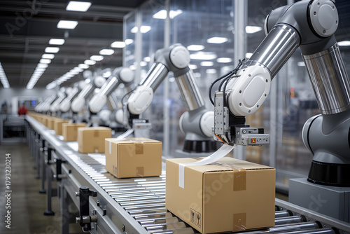 Automated packaging robots sealing and labeling boxes in clean modern factory, realistic industrial setup.