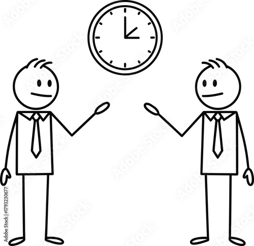 Two stick figure businessmen looking stressed at a clock overhead symbolizing time pressure and deadlines in a business meeting