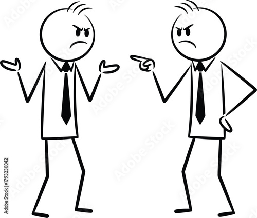 Two angry stick figure businessmen in suits arguing and pointing fingers at each other in a heated disagreement