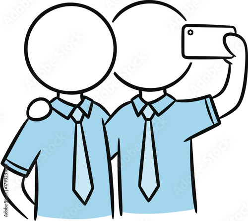 Two simple stick figure characters in matching blue shirts and ties taking a selfie with a smartphone