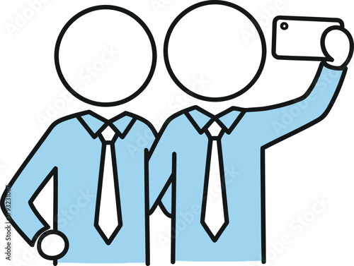 Two stylized stick figures in blue shirts and ties taking a selfie with a smartphone on a white background
