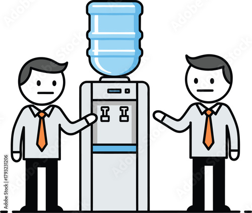 Two smiling cartoon businessmen standing next to a water cooler with a large blue water bottle on top in an office setting