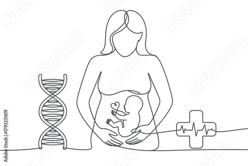 A pregnant woman's belly shows a fetus with DNA and medical symbols in a continuous line drawing.