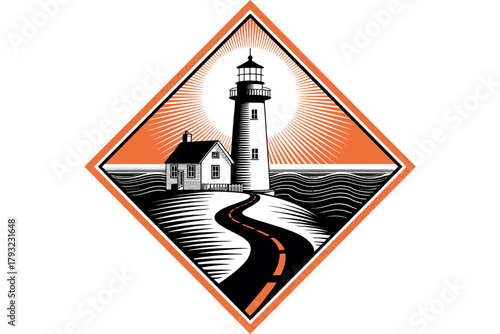 A winding road leads to a lighthouse on a hill with the sun in the background.