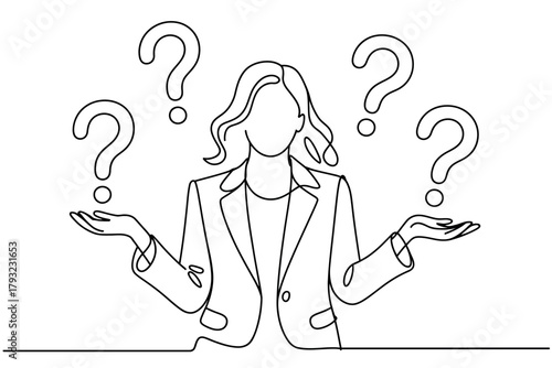 A person stands surrounded by question marks, contemplating a decision with uncertainty.