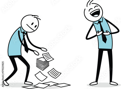 One stick figure businessman laughs joyfully while another drops and scatters a pile of papers in a humorous office scene
