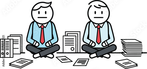 Two cartoon businessmen sitting cross legged surrounded by stacks of documents and papers illustrating workload and paperwork