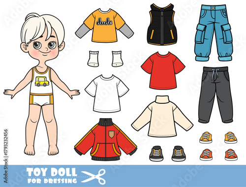 Cartoon blond boy and clothes separately - shirt, longsleeve, turtleneck, cargo pants, insulated vest, jacket and sneakers