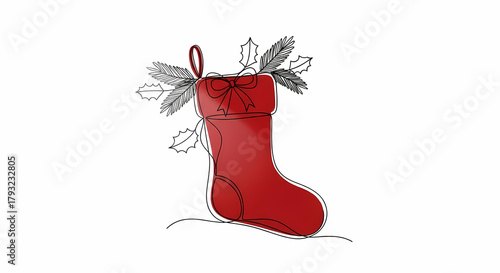 Red Christmas stocking decorated with greenery and ribbon  