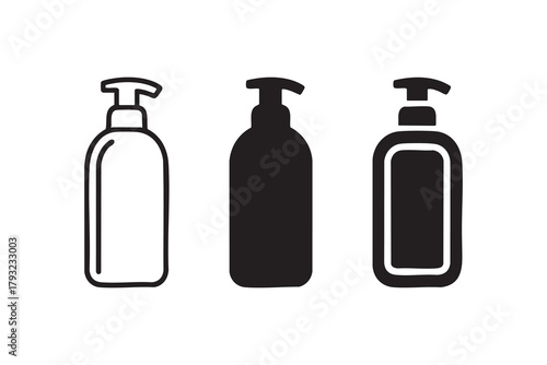 Vector Shampoo bottle icon set in line, solid and filled outline style. white background