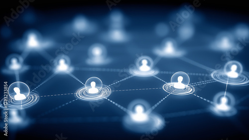 Abstract network of connected user icons illustrates teamwork, collaboration, and scalable communication across organizations.
