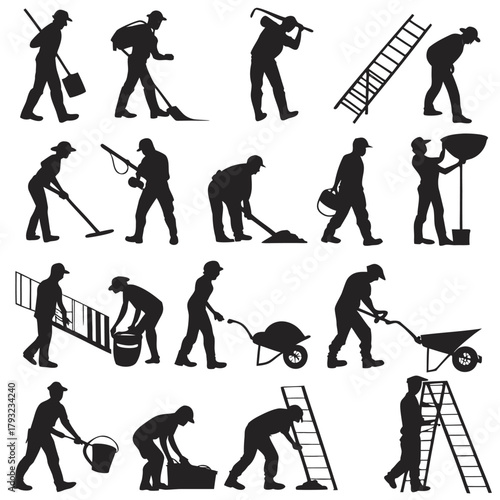 Silhouette of Workers in Various Occupations with Tools and Equipment Black and White