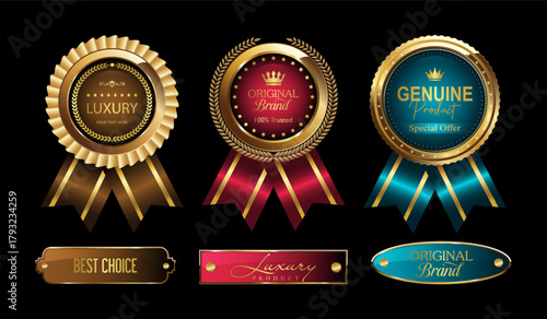 Golden luxury labels and banners, gold badge vector .premium quality certificate seal ribbons,best choice price seller super quality sticker tags logo for best product seals, top brand golden crown