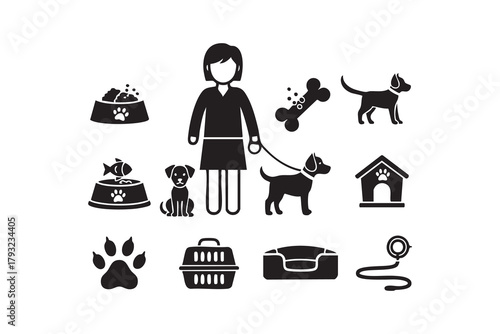 Vector black Pet owner solid vector icon set. white background