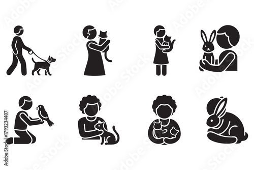 Vector black Pet owner solid vector icon set. white background