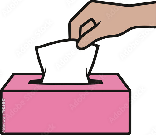 Hand pulling a tissue from a pink box, Simple line art cartoon vector illustration