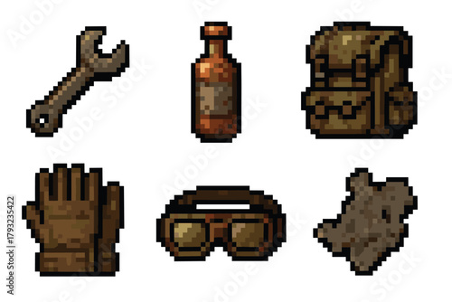 Pixelated icons of a wrench, brown bottle, backpack, glove, goggles, and a tattered map reflecting a vintage or retro-style adventure theme.