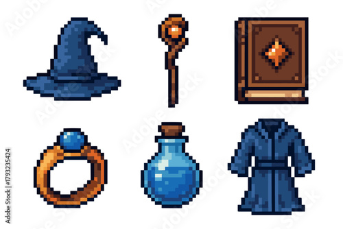 Pixel art depiction of a wizard's hat, staff, spellbook, magic ring, potion bottle, and robe arranged in two rows.
