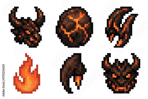 Six pixelated fiery icons featuring dragon heads, fireball, flame, and claw, illustrating classic video game enemy elements.