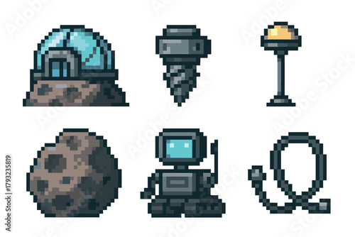 Pixel art depicting a futuristic space habitat, drill, light post, asteroid, robot, and coiled cable, showcasing a sci-fi theme in retro 8-bit style.
