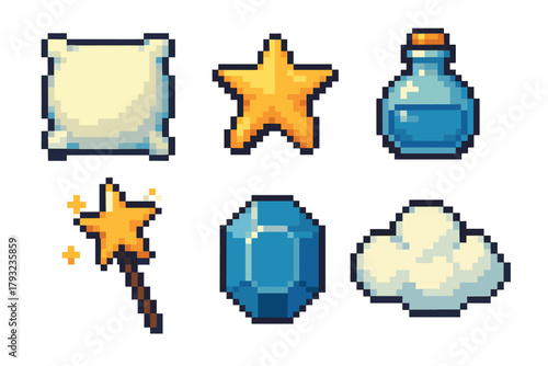 A collection of six pixel art game icons, featuring a pillow, star, potion bottle, magic wand, gemstone, and cloud, each designed in a retro style.
