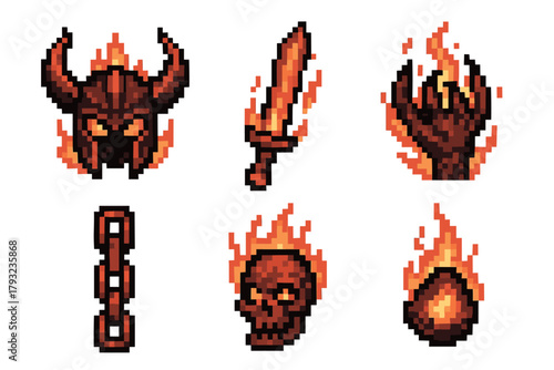 Six fiery pixel art icons featuring a helmet with horns, a flaming sword, a burning hand, a chain link, a flaming skull, and a fireball.