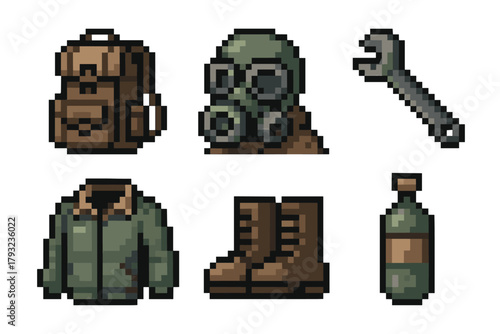 Pixel art icons of survival gear including a backpack, gas mask, wrench, jacket, boots, and a water bottle.