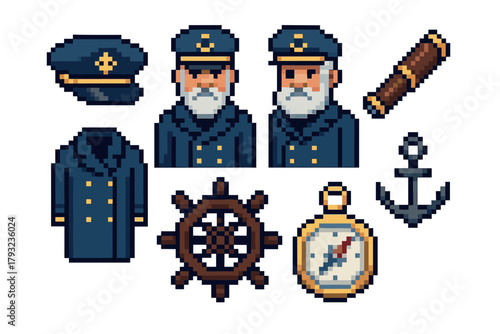Pixel art characters and maritime elements featuring two male ship captains, captain's hats, a coat, binoculars, a steering wheel, an anchor, and a compass.