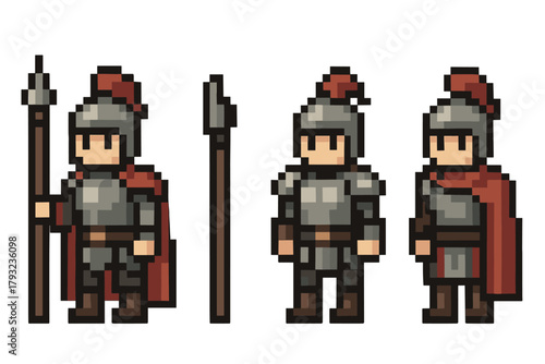 Pixel art depiction of a medieval knight in armor, holding a spear, with a red plume and cape, shown from different angles.