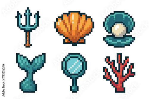 Pixel art icons of a trident, seashell, pearl in shell, whale tail, hand mirror, and branch of coral, showcasing an underwater or ocean theme.