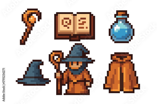 Pixel art illustration of a wizard set including a staff, open spellbook, potion, wizard hat, robed figure, and cloak, representing fantasy and magic themes.