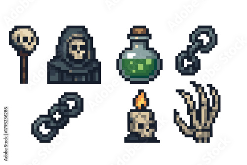 Pixel art depiction of medieval fantasy elements, including a hooded figure, potion, skull on a stick, shackles, and a skeletal hand.