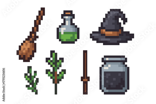 Pixel art illustration featuring a witch's broom, potion bottle, pointed hat, magical herbs, wand, and a jar of black powder, all in a retro game style.