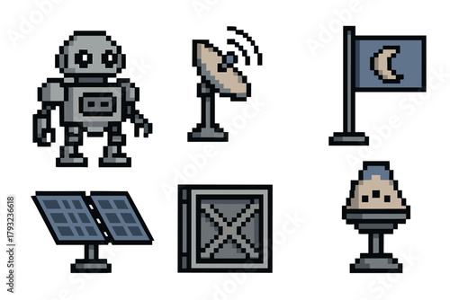 Pixel art icons featuring a robot, a satellite dish, a crescent moon flag, solar panels, a metal crate, and a capsule on stands, symbolizing space exploration.