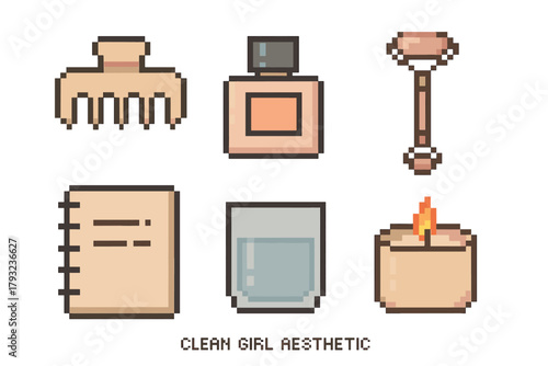 Set of pixelated beauty and wellness items including hair clip, perfume, jade roller, notebook, glass of water, and scented candle.