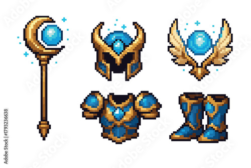 Pixel art set of a fantasy-themed staff, helmet, chest armor, and boots, featuring blue and gold colors with mystical orbs and wing motifs.