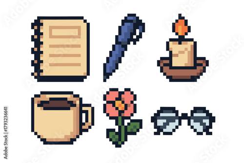 Pixel art collection featuring a notebook, blue pen, lit candle, coffee cup, red flower, and eyeglasses arranged on a white background.