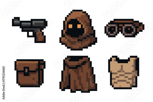 Pixel art icons depicting a blaster pistol, helmet, binoculars, satchel, cloak, and armor vest, illustrating various sci-fi equipment items.