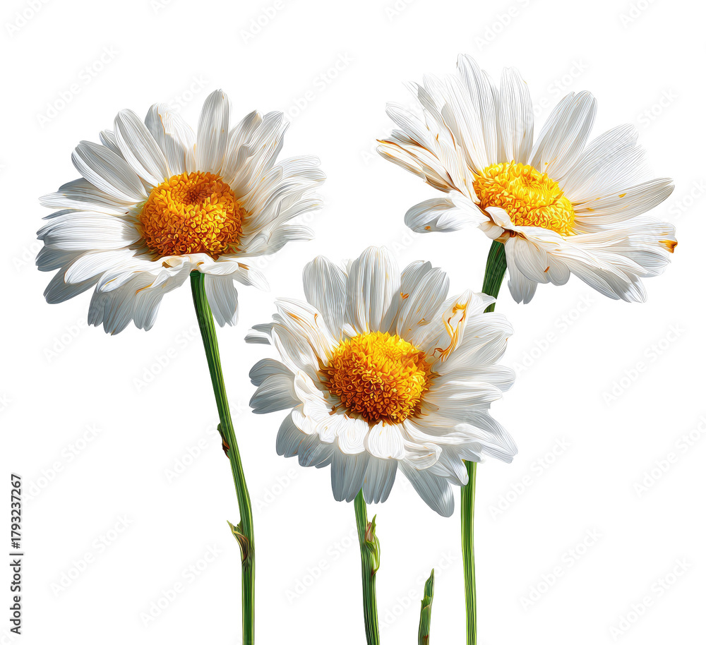 Naklejka premium Close-up of three white daisies with yellow centers. Petals are detailed, showing texture and slight imperfections. Stems and leaves are visible. Dark background isolates the flowers
