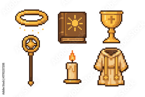 Pixel art collection of medieval religious icons, including a halo, staff, book, chalice, candle, and robe, each with a golden color theme.